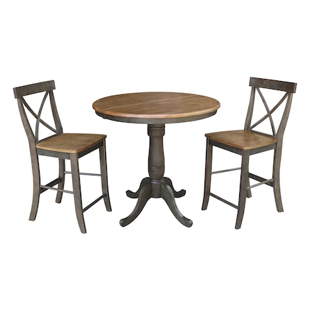 International Concepts Round 36 in Rd Extension Dining Table, 2 RTA Counter Ht Stools, Hickory/Coal, 36 W, 48 L, 35.3 in H K45-36RXT-6B-S6132-2